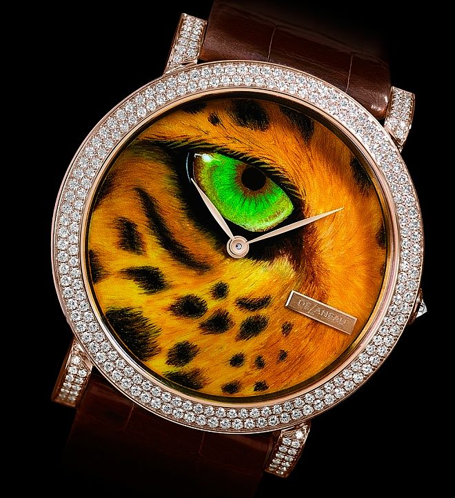 Zegarek Delaneau Oko tygrysa w różowym złocie z 184 diamentami i emalią. Emaliowane zegarki DeLaneau