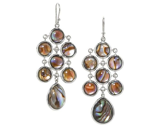 Kolczyki w stylu chandelier wykonane w srebrze z białym kwarcem i muszlą z uchowca. Elizabeth Showers