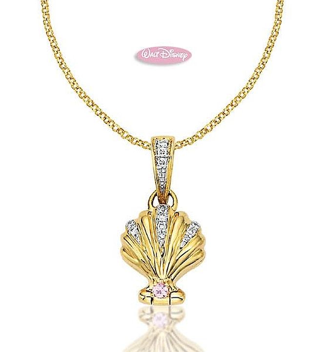 Złoty naszyjnik w kształcie muszli z różowym szafirem i diamentami. Biżuteria dla mamy i dziecka