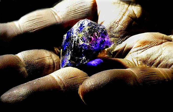 Fioletowo-niebieski tanzanit w stanie surowym wydobyty w kopalni TanzaniteOne. Posiada właściwość pleochroizmu – czyli zmiany barwy w zależności od światła przechodzącego przez kamień. Tanzanit: 1000 razy rzadszy od diamentu