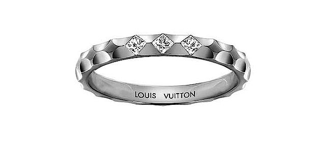 Obrączka Louis Vuitton Monogram Infini w białym złocie z diamentami w szlifie princessa. Obrączki ślubne Louis Vuitton
